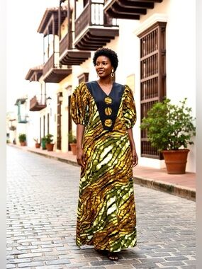 AFRICAN ANKARA BOUBOU MAXI KAFTAN (V-Neck Puff Sleeve Maxi in Olive and Gold)